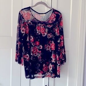 Ladies XL Bobby Brooks Floral Rose Black and Red Top 3/4 Bell Sleeve Lined Sheer